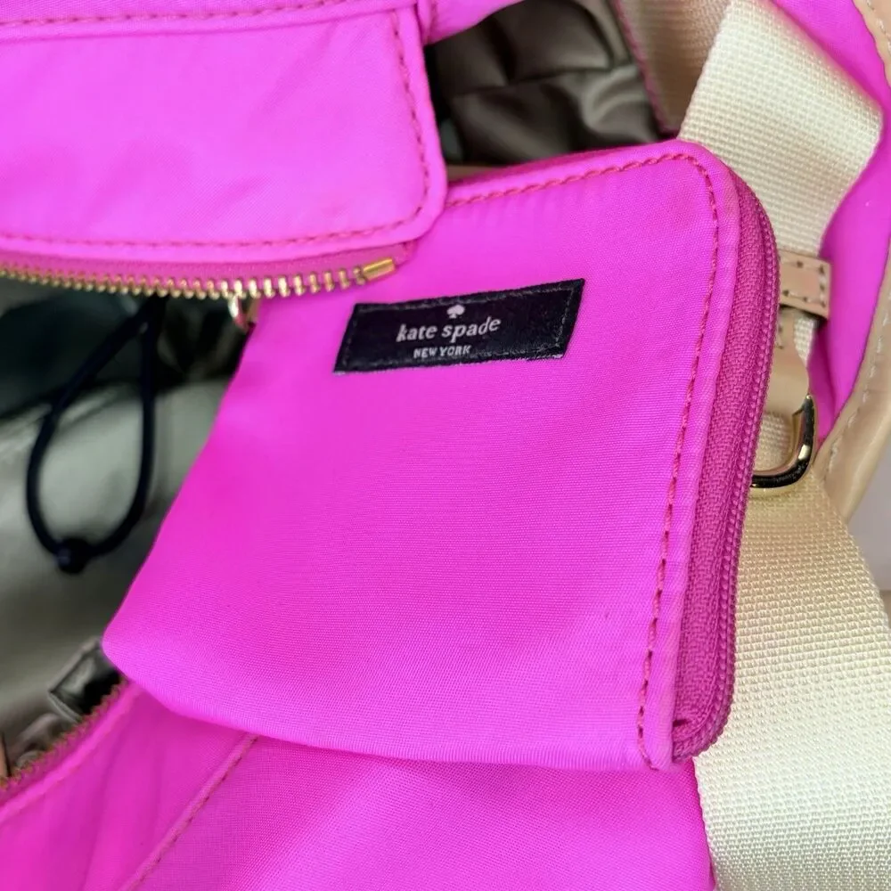 Kate Spade NY Classic Nylon Stevie Pink Beige Logo Diaper Bag Tote Travel EUC